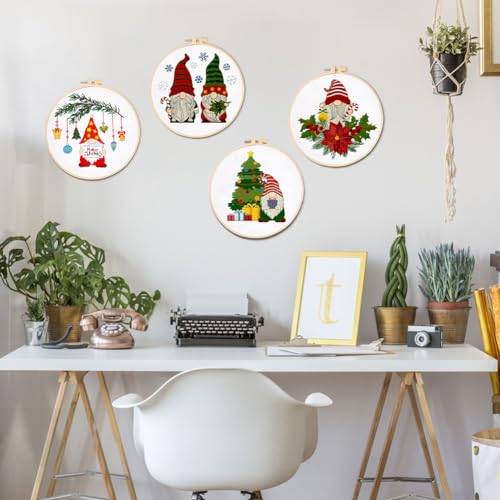 BEUNITONE 4PCS Christmas Gnomes Embroidery Kit Xmas Tree Stamped Cross Stitch Kit Snowflake Mistletoe Needlepoint Kit for Adult Beginner with Instructions - color: 06-Christmas Gnome