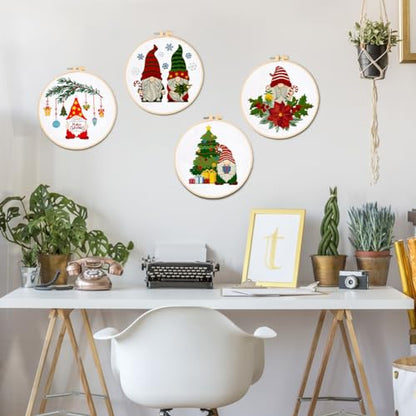 BEUNITONE 4PCS Christmas Gnomes Embroidery Kit Xmas Tree Stamped Cross Stitch Kit Snowflake Mistletoe Needlepoint Kit for Adult Beginner with Instructions - color: 06-Christmas Gnome