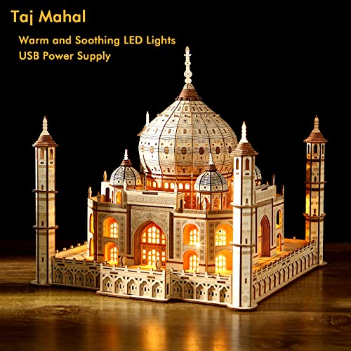 Taj Mahal 3D Wooden Puzzle 388 Pieces, LED Light Architecture Building Kit No Glue DIY Model Craft Home Decor Night Light, STEM Toy for Adults Teens Kids Ages 14+