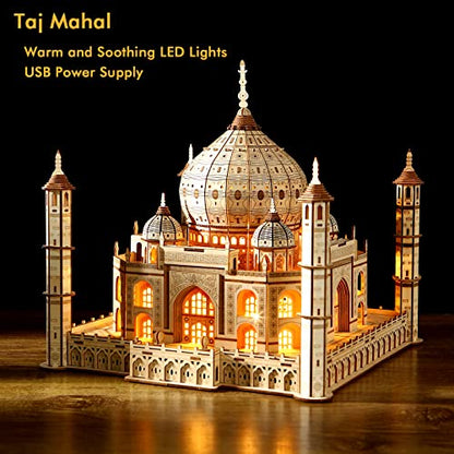 Taj Mahal 3D Wooden Puzzle 388 Pieces, LED Light Architecture Building Kit No Glue DIY Model Craft Home Decor Night Light, STEM Toy for Adults Teens Kids Ages 14+