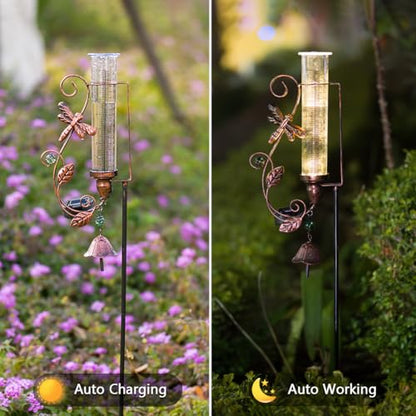 Solar Rain Gauge Outdoor, 7" Tube Dragonfly Rain Gauges - color: Dragonfly