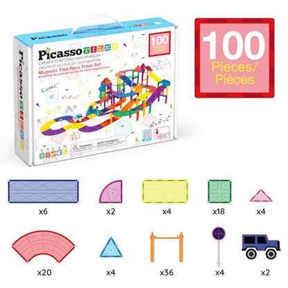 PicassoTiles 100 Piece Magnetic Tiles Race Track Toy Creative Building Set - color: 100 Pcs Race Car Track Set