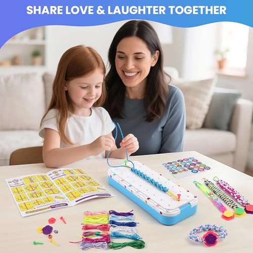 DDAI Friendship Bracelet Making Kits Crafts - Arts & Crafts for Kids Ages 8–12 - Birthday Gifts for 7 9 10 11 12 Years Old Girls Toys, String Bracelet Maker Loom Box for Kids, DIY Gem Stickers - color: Aqua & White