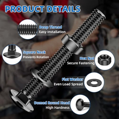 Mellewell 1/4-20 x 3 Carriage Bolt Kit, Carriage Bolts with Nuts and Washers, Round Head Square Neck, 304 Stainless Steel, Full Thread, Black Finish, 8 Sets - color: Black, size: 1/4-20 x 3"