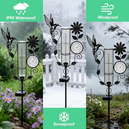 Metal Hummingbird Solar Rain Gauge Outdoor with LED Light and Thermometer - color: Hummingbird