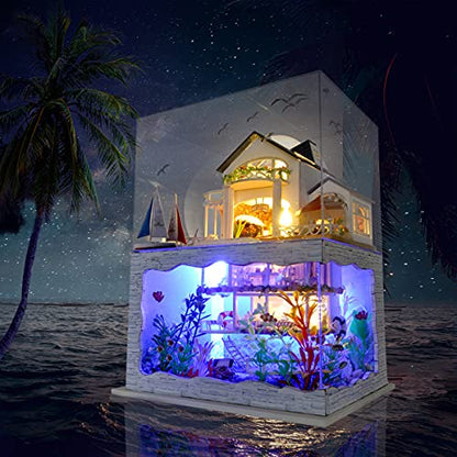 GuDoQi DIY Miniature Dollhouse Kit, Tiny House kit with Furniture and Dust Proof, Miniature House Kit 1:24 Scale Beachside Bungalow, Great Handmade Crafts Gift for Birthday Christmas Day - color: Beachside Bungalow