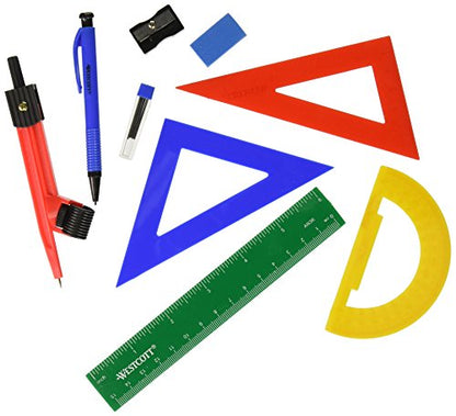 Westcott Ten Piece Math Tool Kit, Assorted Colors