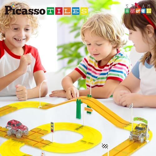 PicassoTiles Magnet Tile Compatible Building Race Track Kit Traffic Sign Accessory Stabilizers with Sticker Set STEM Educational Magnets Toddler Racecourse Structure Blocks Add On Ages 3+ PTR01 - color: 18 Pcs Traffic Sign