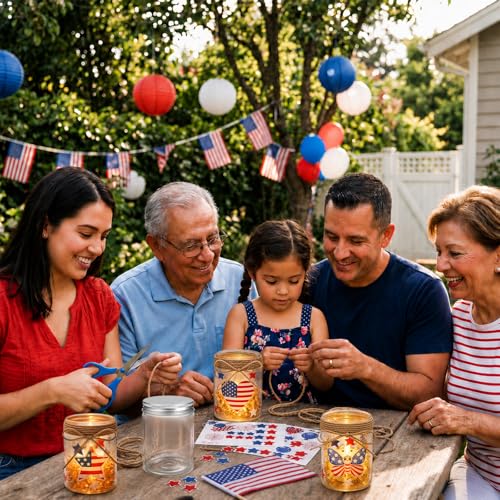 24 Sets 4th of July DIY Craft Kits Patriotic Plastic Mason Jar Making Craft Gifts Bulk American Flag Table Centerpieces 250th Independence Day Decoration for Anniversary Classroom Activities - style: Flag