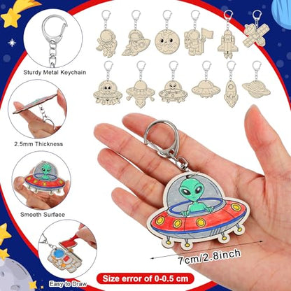 Trnayi 36 Pcs Outer Space Wood Keychain Color Your Own DIY Craft - style: Space