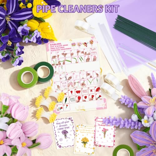 Anyeve 1800 PCS Pipe Cleaner Craft,Pipe Cleaner Flower Kit with Flower Stem, Chenille Stems 6 Colors for Easy Bend, Not Easy Break, Best Craft Material for DIY and Craft Projects - color: 1800PCS-Purple