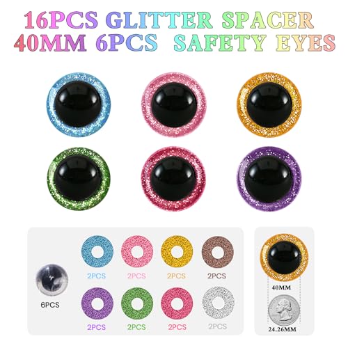 MUCUNNIA 6pcs 40mm Glitter Safety Eyes for Amigurumi with Washers - size: 40mm