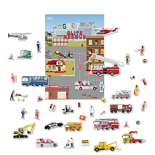 GRANDLMOON Magnetic Portable Playboard Elite Rescue Team Fire Fighting Trucks Police Trauma and Engineer (41 PCS)