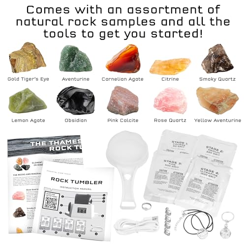 The Thames & Kosmos Rock Tumbler Essential STEM Tool | Durable, Leak-Proof, Noise-Reducing Barrel, Built-in Timer | Polish & Shine Kids Rock Collections, Includes Authentic Specimens & Polishing Grits