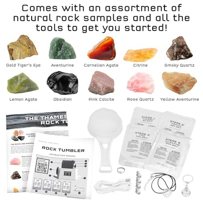 The Thames & Kosmos Rock Tumbler Essential STEM Tool | Durable, Leak-Proof, Noise-Reducing Barrel, Built-in Timer | Polish & Shine Kids Rock Collections, Includes Authentic Specimens & Polishing Grits