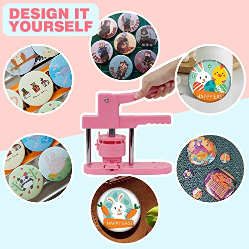 Happizza Button Maker Machine Multiple Sizes, Pin Maker Machine 1+2.25 inch, Badge Button Press Machine with Cute Stickers and 200 Sets Button Making Supplies&Circle Cutter for Girls Women(Pink) - size: Pink 1+2.25 inch (200 Sets)