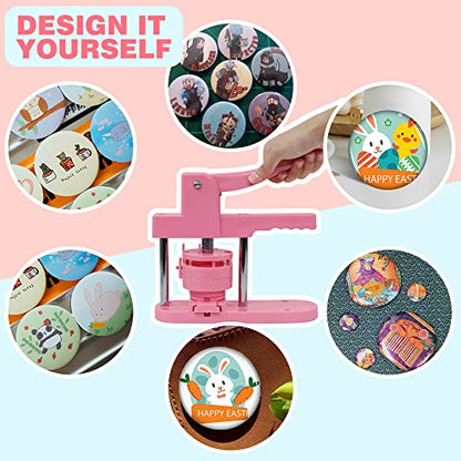 Happizza Button Maker Machine Multiple Sizes, Pin Maker Machine 1+2.25 inch, Badge Button Press Machine with Cute Stickers and 200 Sets Button Making Supplies&Circle Cutter for Girls Women(Pink) - size: Pink 1+2.25 inch (200 Sets)