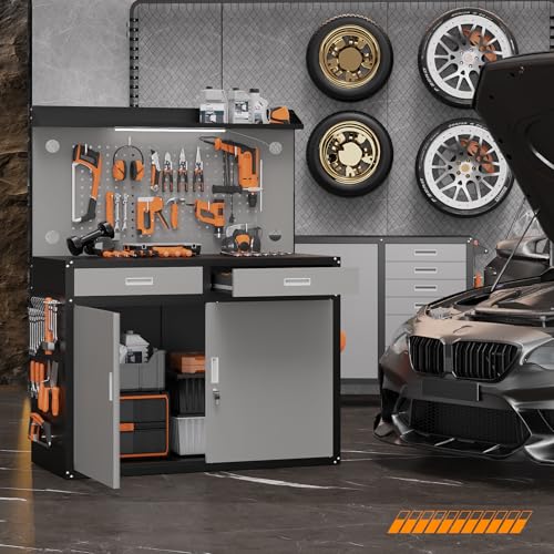 65" Heavy Duty Garage Workbench with Storage Drawers & Pegboard,2000lbs Capacity Metal Work Bench with Lockable Magnetic Cabinets,Adjustable LED Light for Workshop/Garage