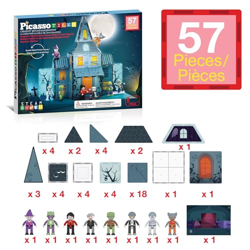 PicassoTiles 57 PCS Magnetic Tiles Halloween Haunted House STEM Set Ages 3+ - color: Haunted House