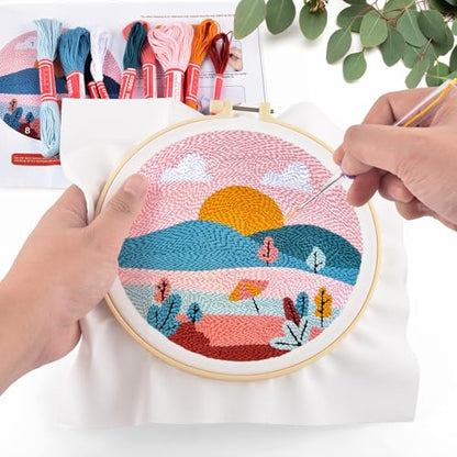 ERKOON Punch Needle Kit Adults Beginners, DIY Easy Landscapes Embroidery Set for Starter Art Craft, Needling Punch Project with Patterns, Tools, Yarns, Hoop, Instruction (Summer) - color: Summer