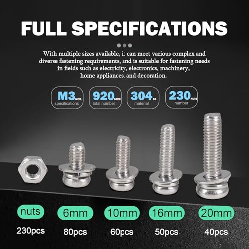 920Pcs Machine Screws Nuts and Bolts Assortment Kit,M3×（6mm，10mm，16mm，20mm） Phillips Pan Head Assorted 304 Stainless Steel Bolts, Nuts, Flat washers, and Spring washers - size: 3 mm, style: Round head machine screw
