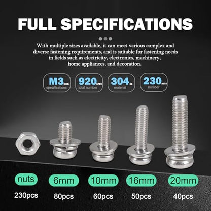 920Pcs Machine Screws Nuts and Bolts Assortment Kit,M3×（6mm，10mm，16mm，20mm） Phillips Pan Head Assorted 304 Stainless Steel Bolts, Nuts, Flat washers, and Spring washers - size: 3 mm, style: Round head machine screw