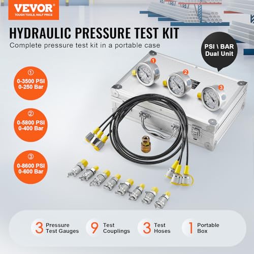 Hydraulic Pressure Test Kit, 250/400/600bar, 3 Gauges 9 Test Couplings 3 Test Hoses, Excavator Hydraulic Test Gauge Set with Portable Carrying Case for Excavator Tractors Construction Machinery - style: 3 Gauges 9 Test Couplings