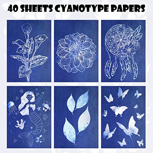 40 Sheets Sun Print Kit Cyanotype Paper, A5 Sun Art Printing Sunprint Paper, High Sensitive Nature Solar Activated Papers for Arts Crafts DIY Project (5.8x8.3 Inch)