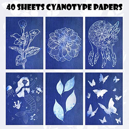 40 Sheets Sun Print Kit Cyanotype Paper, A5 Sun Art Printing Sunprint Paper, High Sensitive Nature Solar Activated Papers for Arts Crafts DIY Project (5.8x8.3 Inch)