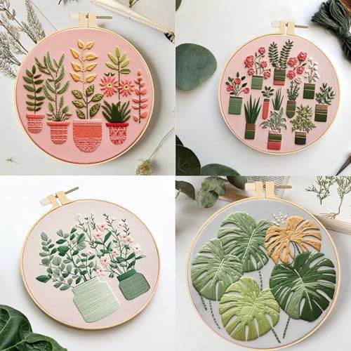 Huacan Embroidery Kits for Adults Beginner - 4 Pcs Floral Pattern Stitching Printed Bouquet DIY Sewing Kit 7.9 x 7.9 Inch (Bouquet 2)