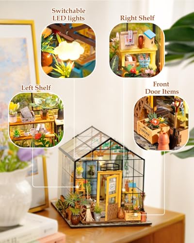 Rowood Miniature House Kit, Mother's Day DIY Miniature Greenhouse Dollhouse Kits for Adults, Wooden Crafts for Adults, Gifts on Birthday Christmas - Cathy's Flower House - style: Cathy's Flower House
