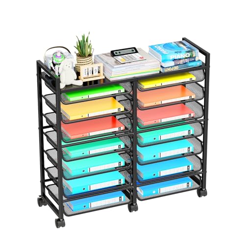 Simple Trending 15-Tier Rolling File Cart, Desk File Organizer with 14 Mesh Sliding Trays, Letter & Legal Paper Storage Rolling Utility Cart for Office Home School, Black - style: 15-Tier Black