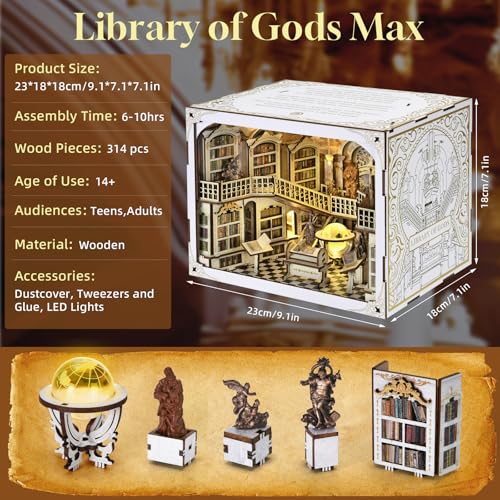 MiniCity Library of Gods Book Nook Kit, DIY Wooden Miniature Scene with LED - color: Library of Gods Max