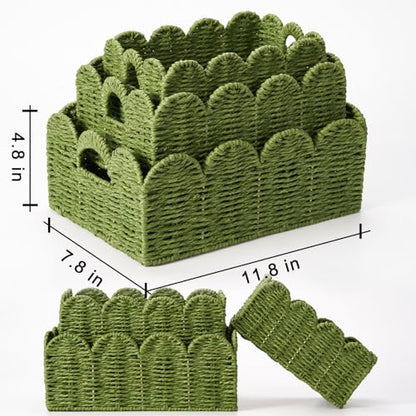 Scalloped Wicker Basket Set of 3, Hand-Woven Storage with Handles - color: Greem