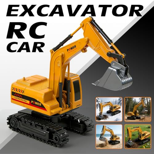 RC Excavator Toy, 6-Channel Remote Control Excavator with Metal Shovel & Lights, 360° Rotation Mini Excavator, RC Construction Vehicles Digger Toy for Boys 3-8