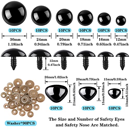UPINS 180 Pcs Large Safety Eyes and Nose with Washers for Amigurumi - color: Black