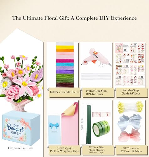 NREDXOON Pipe Cleaner Flower Kit w/Glue Gun 1200pcs 12 Colors Bouquet Craft - color: Multicolor