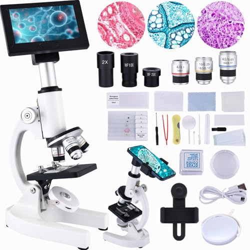 Microscope 40X-2500X Magnification with 4.3-inch Display, Wide-Angle 10X and 25X eyepieces, and Built-in 5-megapixel Camera for School Labs, Animal Husbandry (White) - color: white