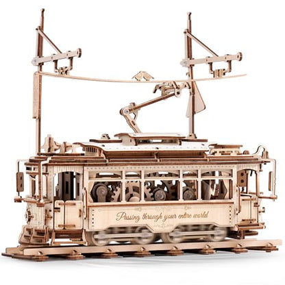 ROKR 3D Wooden Puzzles Model Car Kits for Adults to Build - Wooden Toy Tram Train Set with Railway - Wood 3D Puzzles for Adults - Gift Idea for Christmas Father's Day Birthday