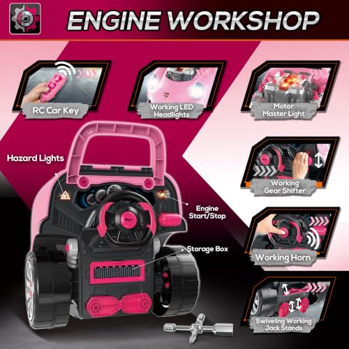 Qaba Truck Engine Toy Kids Mechanic Set with Lights for Kids Aged 3+ Pink - color: Pink