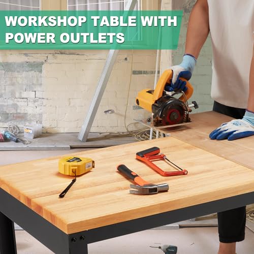 HABUTWAY Height Adjustable Workbench, 60"x20" 2000 Lbs Capacity Solid Wood Work Station Heavy-Duty, with Power Outlets, for Garage Party Shop Office - size: 60"x20"x38.4"