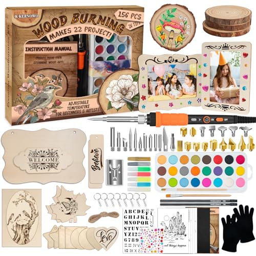 K KERNOWO Wood Burning Kit - 156Pcs All-in-One Wood Burning Tool Pen Adjustable Temperature Wood Burner Kit Crafts Gifts for Adults & Teens, Woodburning Kits for Beginner Pyrography - color: Black