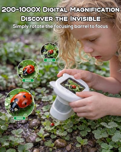 Kids Microscope 1000X Magnification, 4K Digital Handheld Pocket Microscope with 2.4", Rechargeable STEM Learning Science Kit Outdoor Exploration Toy Gift for Children Age 4-12,White - color: white