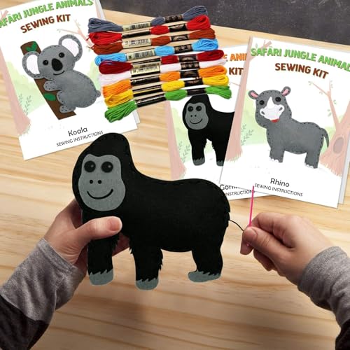 CiyvoLyeen Kids Sewing Kit Crafts – DIY Safari Jungle Animals Felt Plush Ornaments Sewing Set for Girls & Boys Ages 7–12, Beginner Craft Kit Set of 14 - color: Jungle animals-14 Pcs