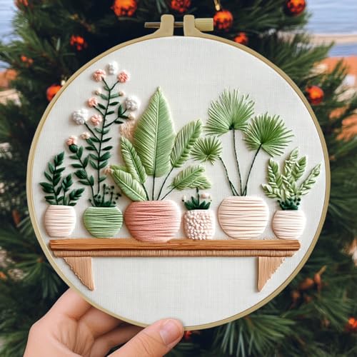 Full Range Embroidery Kit for Adult, Green Plant Pattern Embroidery Kit for Beginners Include Embroidery Cloth Hoops Threads for Craft Lover Hand Stitch with Embroidery Skill Techniques (Plant1) - color: Plant1