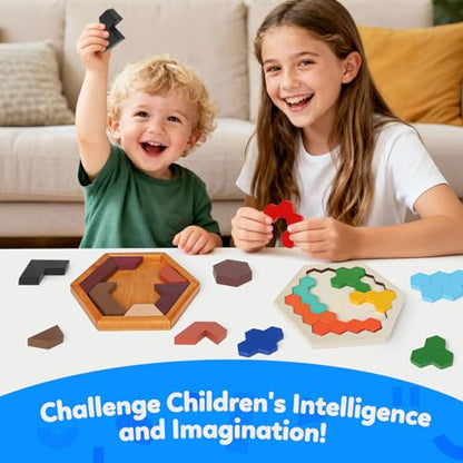 4 Pack Wooden Hexagon Puzzle, STEM Logic IQ Travel Game for Kids Adults - style: Puzzle Set- 4 Pack