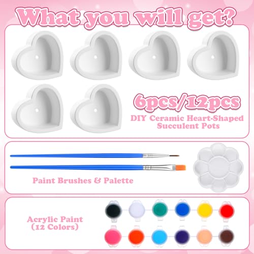Beeveer 6 Pcs DIY Craft Kits Make Your Own Ceramic Succulent Planters Paintable Heart Shaped Decoration, and Ceramic Succulent Planters Kit for Mother's Day from Daughter Son