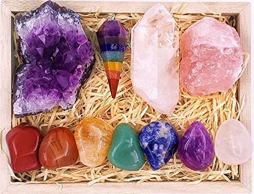 Crystals and Healing Stones Premium Kit Wooden Box - Chakra Stones Healing Crystals Set, Rose Quartz, Amethyst Cluster, Quartz Points, Chakra Pendulum (A Essential Chakra Collection) - color: A Essential Chakra Collection