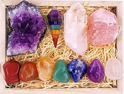 Crystals and Healing Stones Premium Kit Wooden Box - Chakra Stones Healing Crystals Set, Rose Quartz, Amethyst Cluster, Quartz Points, Chakra Pendulum (A Essential Chakra Collection) - color: A Essential Chakra Collection