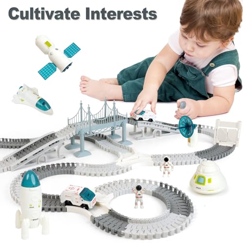 BEMITON Race Track Toy for Kids - Best Birthday Gift for 3 4 5 6 7 Year Old Boys, 290+ PCS DIY Flexible Track Playset, Creative Building Toys - color: White Space Race Track